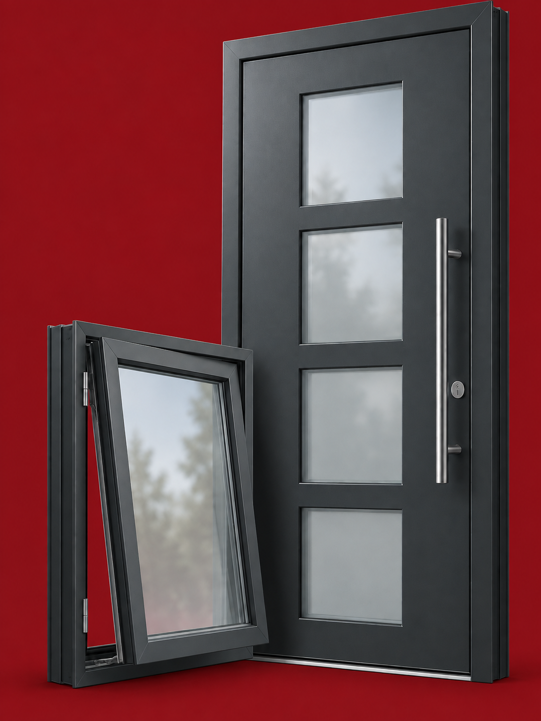 Anthracite glazed front door and open casement window